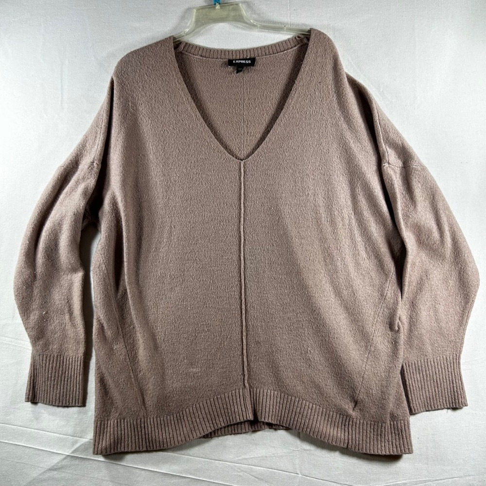 Express Womens V-Neck Sweater Mauve Taupe Oversized Knit‎ Pullover Large RN55285